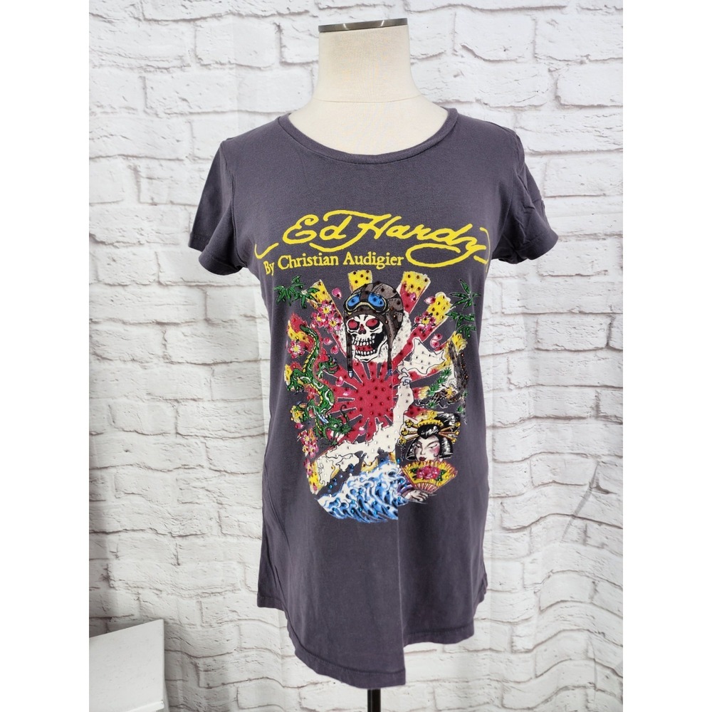 Ed Hardy Christian Audigier Top Geisha Skull Dragon Wave Bedazzled Women Large